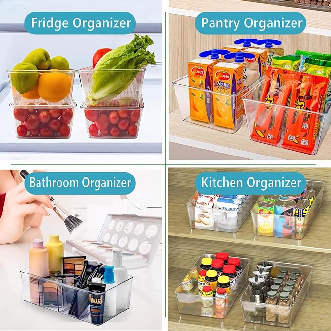 Set of 8 Clear Plastic Storage Bins, 2 kinds size Pantry Organizers for Refrigerator,Fridge,Freezer Organization and Storage,Kitchen Storage Containers for Packets, Snacks, Pouches, Spice Packets