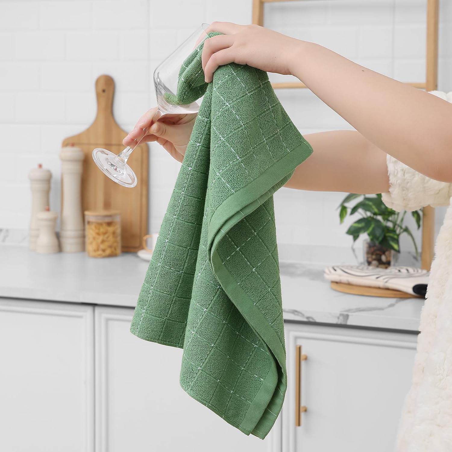 Homaxy 100% Cotton Terry Kitchen Towels(Grass Green, 20 x 28 inches), Checkered Designed, Soft and Super Absorbent Dish Towels, Large 4 Pack