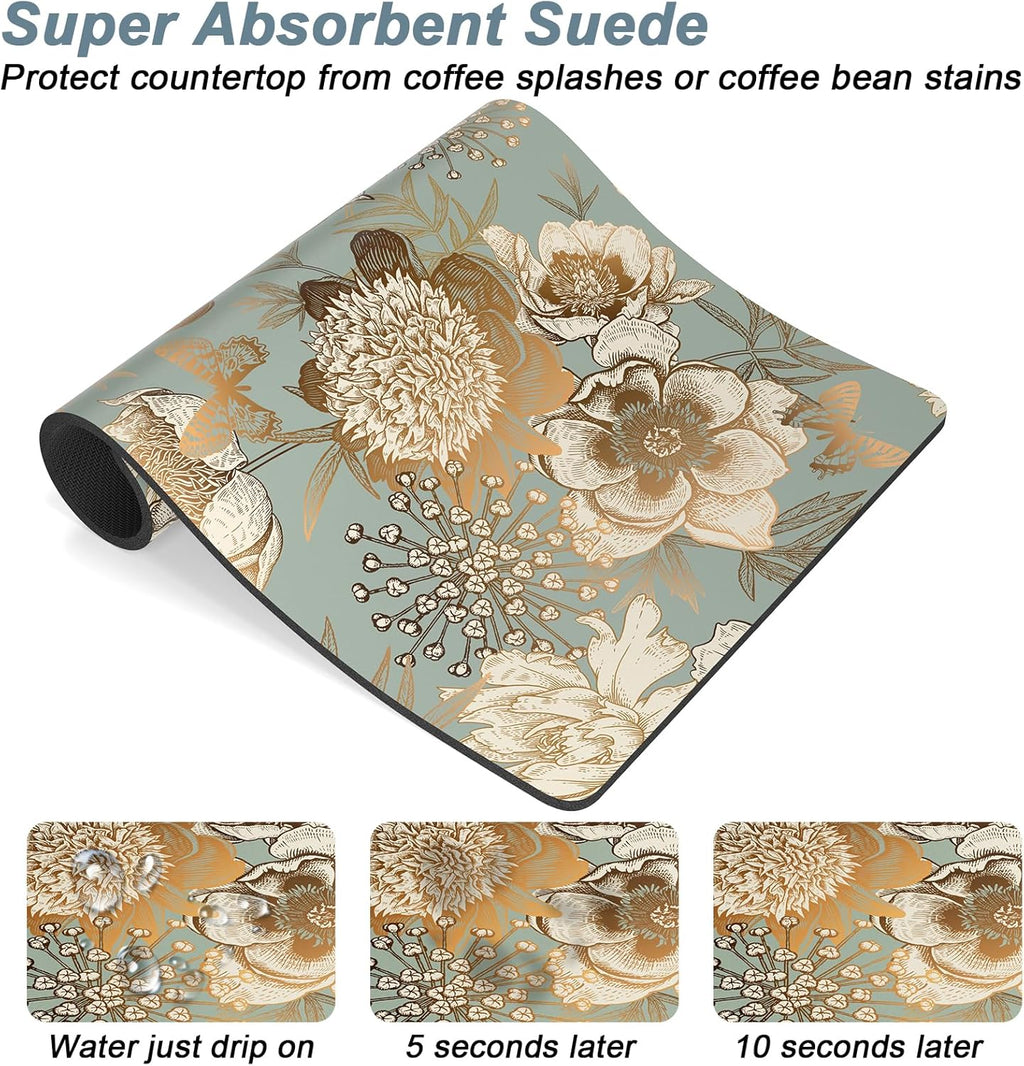 Rnivvi Coffee Mat, 12" x 19" Cute Coffee Bar Mats for Espresso Machine Station Accessories and Organizer, Hide Stain Rubber Backed Absorbent Dish Drying Pad for Kitchen Counter, Retro Flower