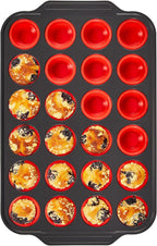 BRONYPRO Silicone Mini Muffin Pan with Metal Frame, Egg Bite Molds for Baking for Baking, Cupcake Pans 24 Regular Size, Muffin Tins Easy to Pop Nonstick Non Toxic Bakeware for Oven,Red