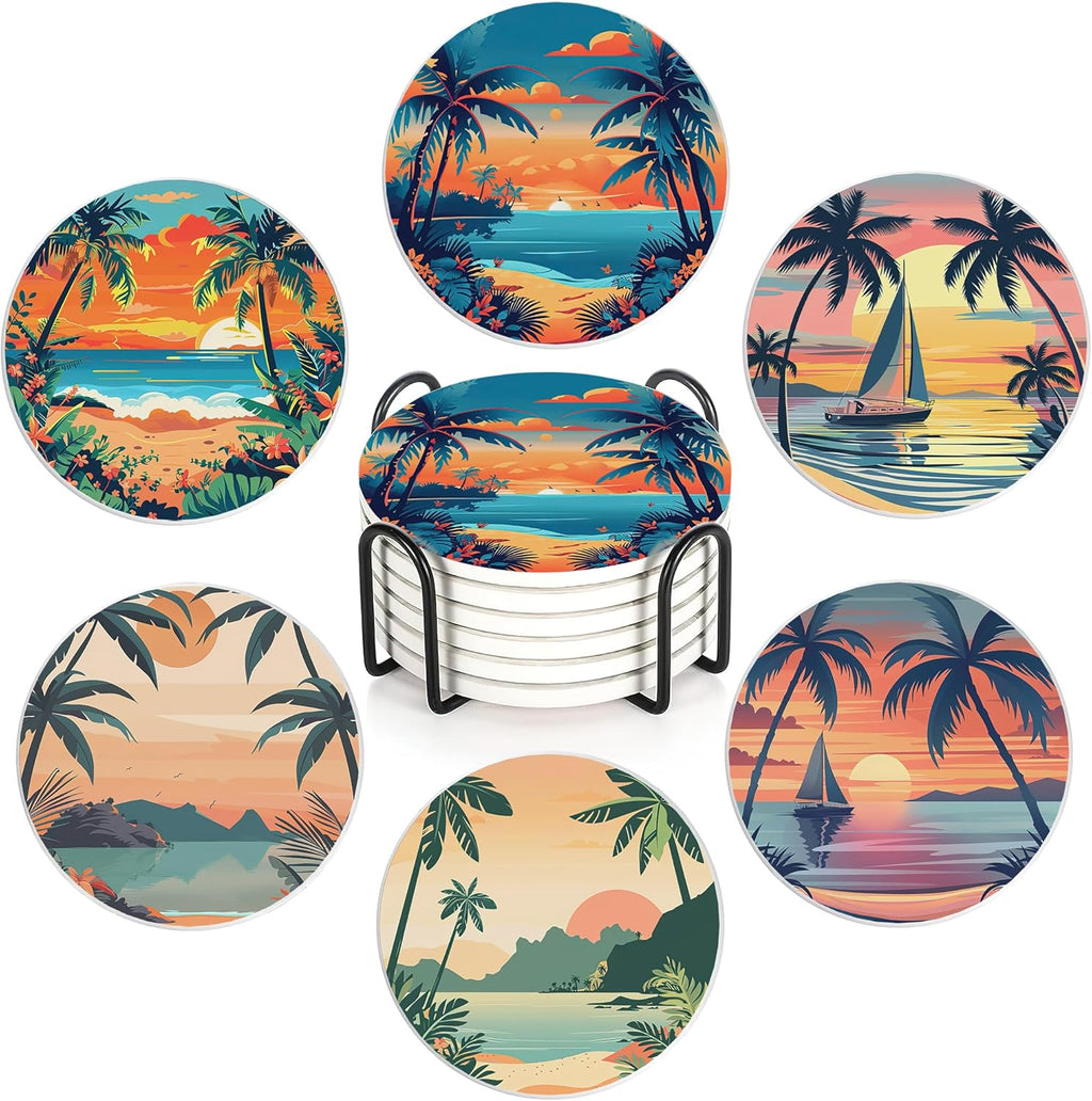 Drink Coasters Set of 6 with Holder, Palm Trees Beach Sunset Absorbent Ceramic Drink Coaster for Tabletop Protection,Suitable for Kinds of Cups,Drinks Coasters for Home Office Decoration(4 Inches)