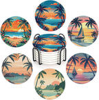 Drink Coasters Set of 6 with Holder, Palm Trees Beach Sunset Absorbent Ceramic Drink Coaster for Tabletop Protection,Suitable for Kinds of Cups,Drinks Coasters for Home Office Decoration(4 Inches)