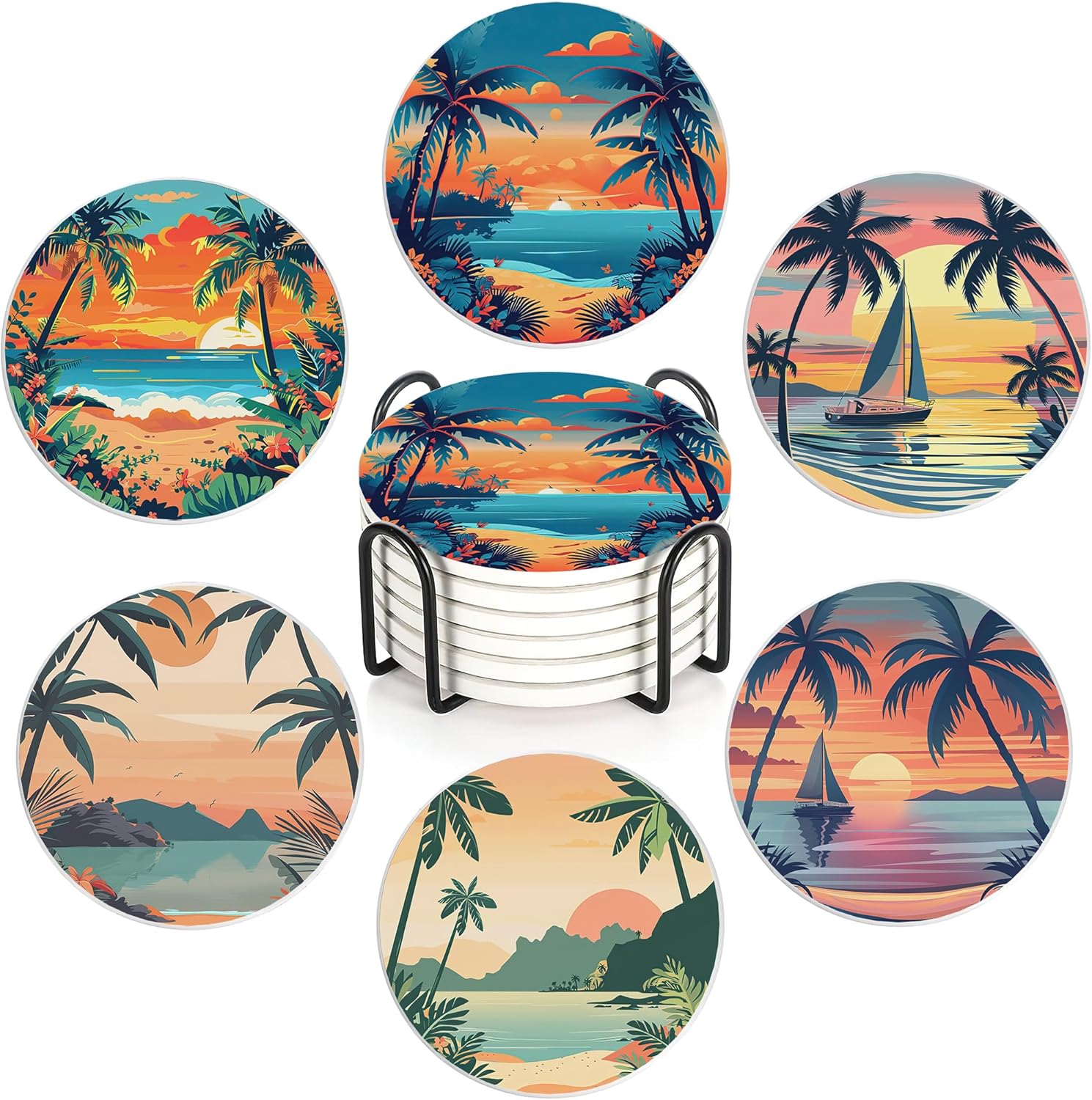 Drink Coasters Set of 6 with Holder, Palm Trees Beach Sunset Absorbent Ceramic Drink Coaster for Tabletop Protection,Suitable for Kinds of Cups,Drinks Coasters for Home Office Decoration(4 Inches)