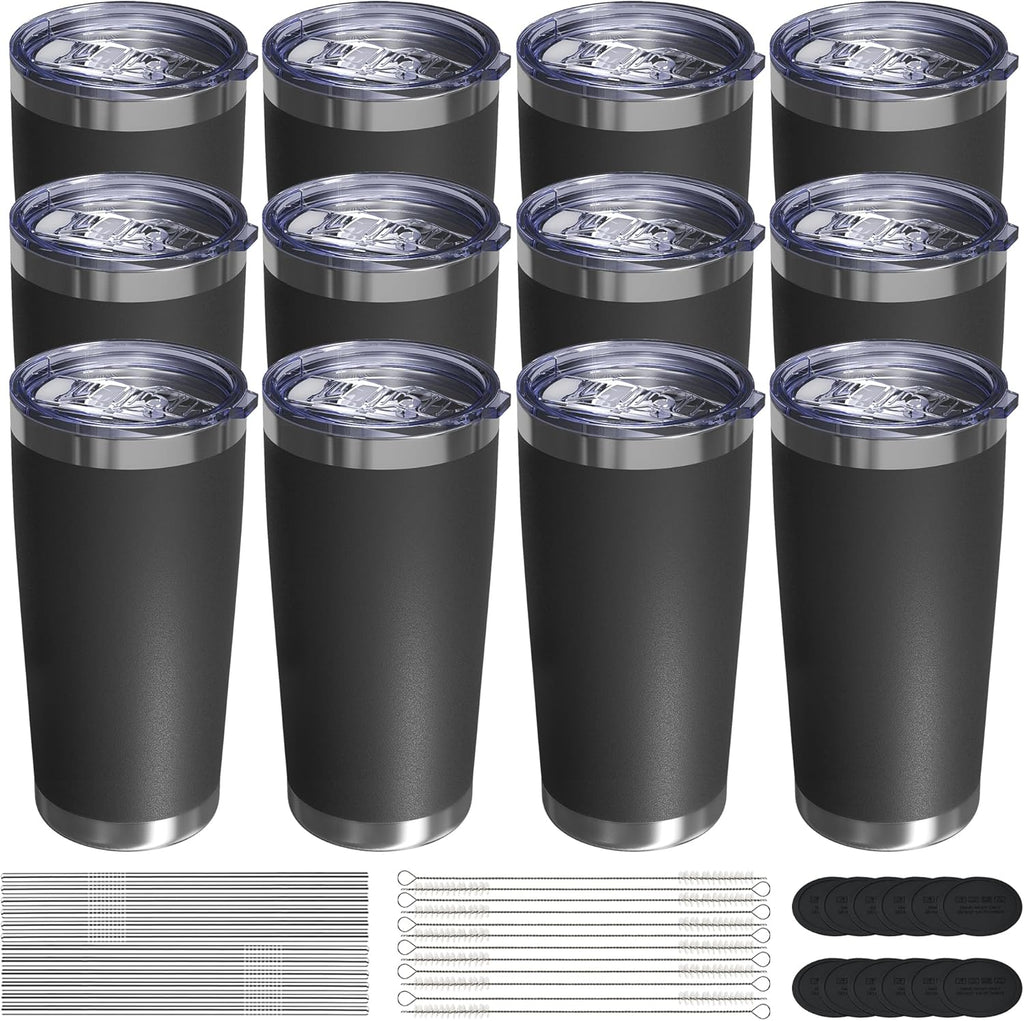 Travel Coffee Tumbler 20oz, 12 Pack Leakproof Travel Coffee Mug with Lid and Straw, Stainless Steel Double Wall Vacuum Insulated Tumbler for Hot/Iced Drinks (Textured Matte, Black)