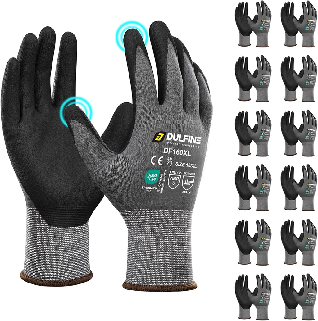 DULFINE Safety Work Gloves MicroFoam Nitrile Coated-12 Pairs Pack,Seamless Knit Nylon Glove with Black Micro-Foam Nitrile Grip,Ideal for General Purpose,Automotive,Home Improvement,Painting(Medium)
