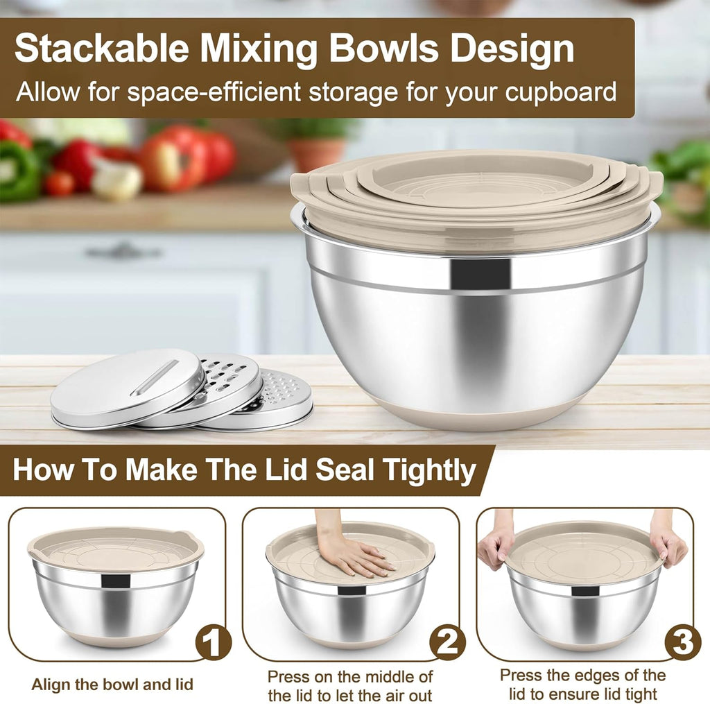 TeamFar Mixing Bowls, Stainless Steel Nesting Salad Bowl with Lids & 3 Graters, For Kitchen Cooking Serving Prepping, Airtight & Non-Slip, Size 4.6/3.5/2/1.5/1/0.7 QT, Set of 5 & Khaki