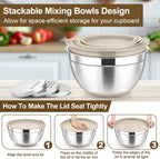 TeamFar Mixing Bowls, Stainless Steel Nesting Salad Bowl with Lids & 3 Graters, For Kitchen Cooking Serving Prepping, Airtight & Non-Slip, Size 4.6/3.5/2/1.5/1/0.7 QT, Set of 5 & Khaki