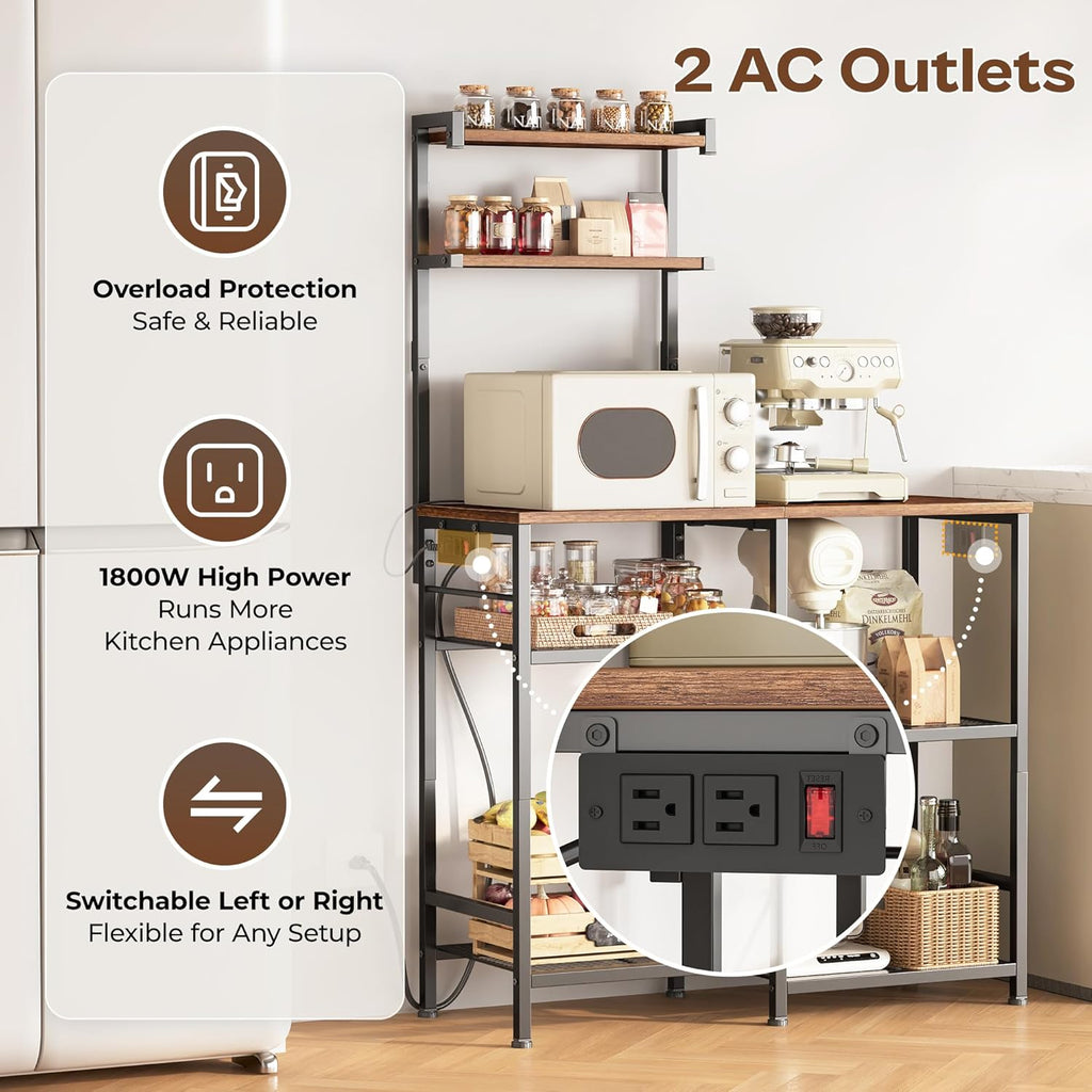 Huuger 31.5 Inch Bakers Rack with Power Outlets, Kitchen Microwave Stand with Storage, Coffee Bar with 4 Hooks, 3-Level Height Open Shelves, Rustic Brown