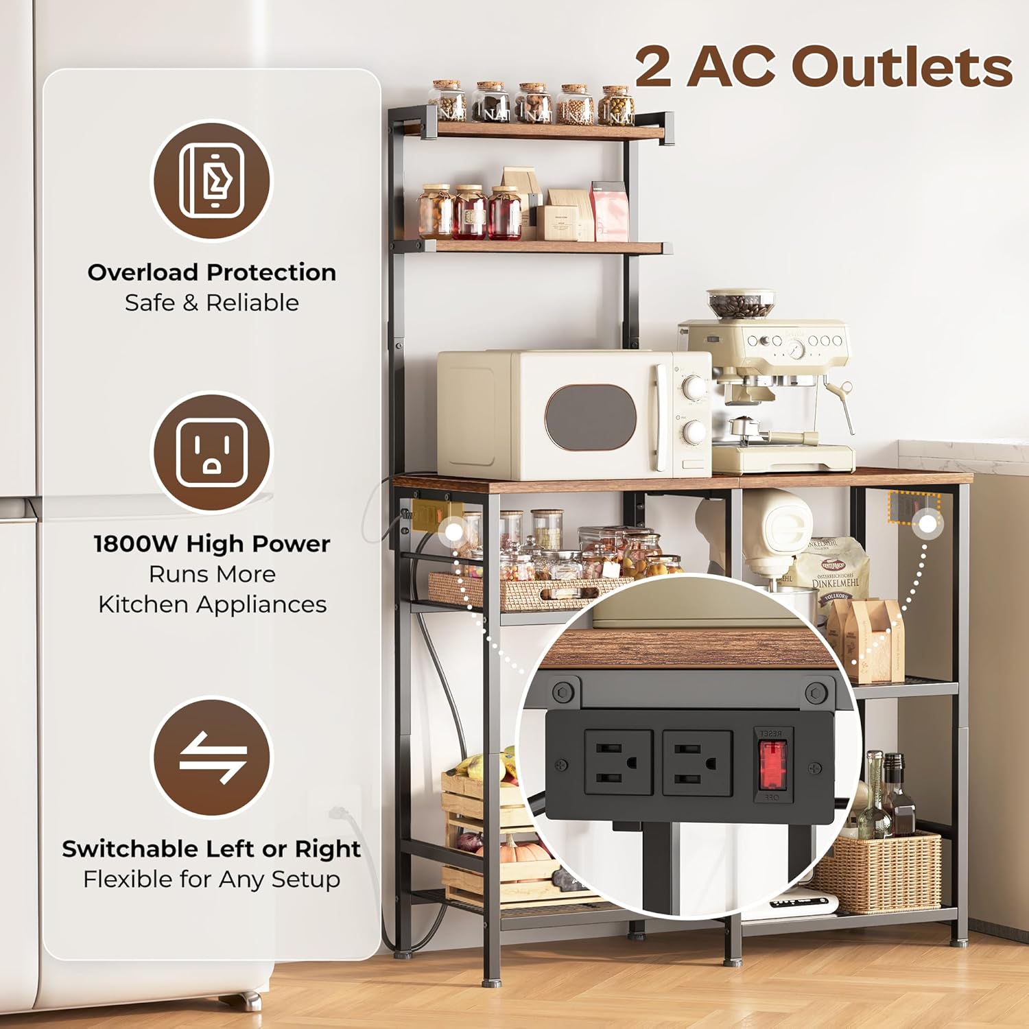 Huuger 31.5 Inch Bakers Rack with Power Outlets, Kitchen Microwave Stand with Storage, Coffee Bar with 4 Hooks, 3-Level Height Open Shelves, Rustic Brown