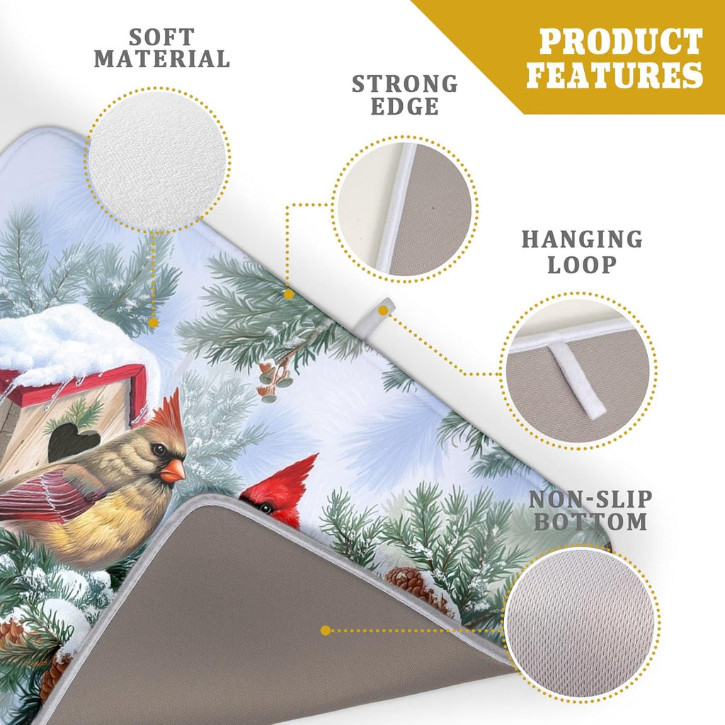 Winter Red Cardinal Bird Dish Drying Mat for Kitchen Counter,Holly Berry Branches Xmas Snowflake Cabin Drying Mat 18 x 24 Inch with High Absorbent Microfiber Drainer Mat for Coffee Bar