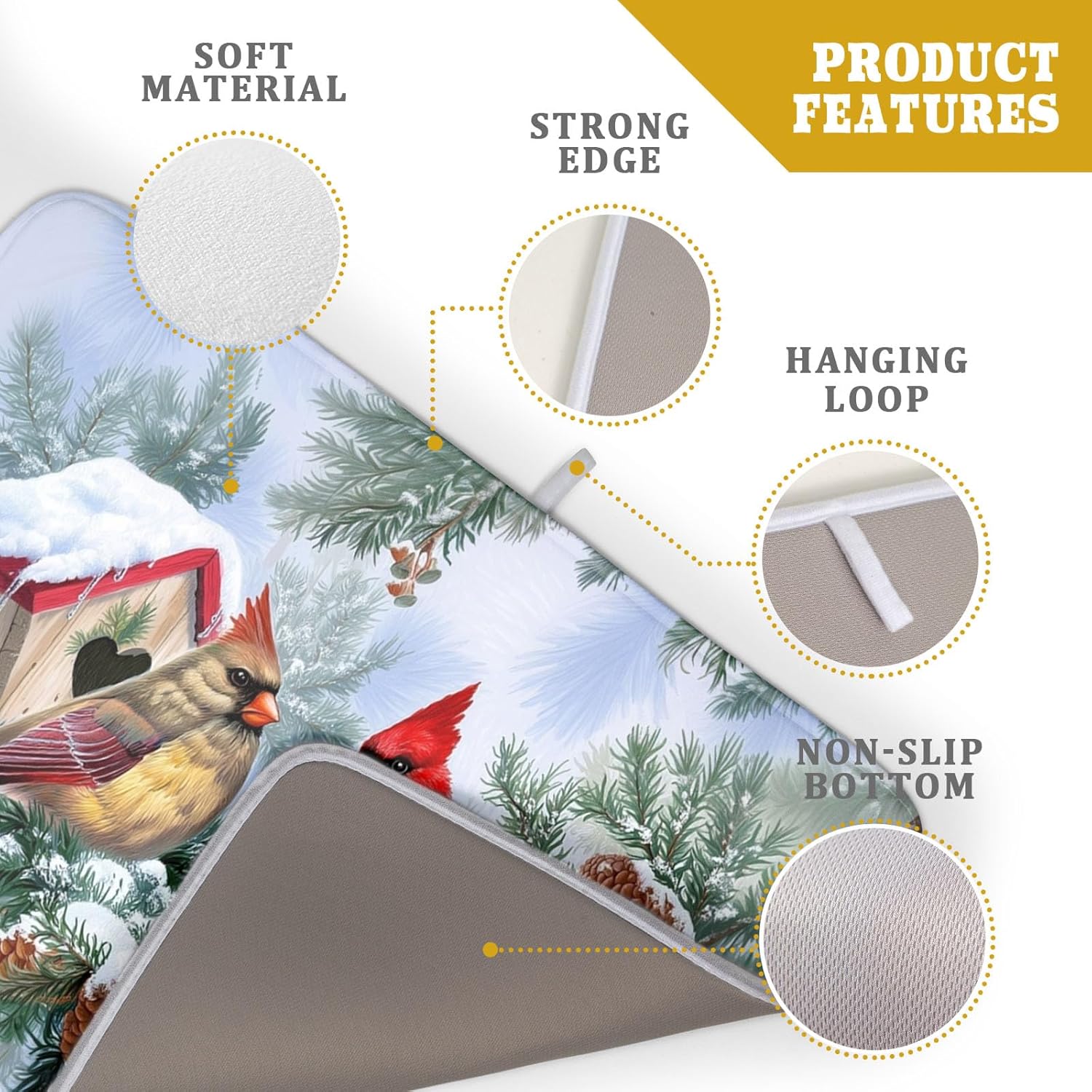 Winter Red Cardinal Bird Dish Drying Mat for Kitchen Counter,Holly Berry Branches Xmas Snowflake Cabin Drying Mat 18 x 24 Inch with High Absorbent Microfiber Drainer Mat for Coffee Bar