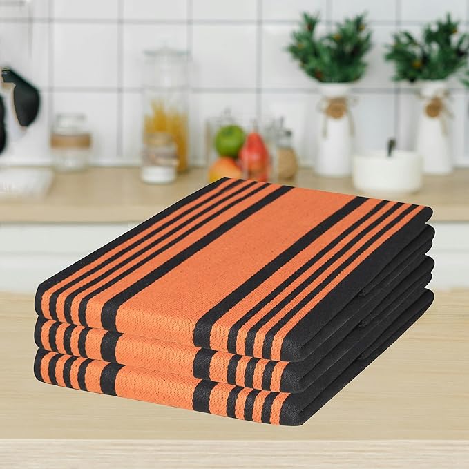 Urban Villa Kitchen Towels 100% Cotton Dish Towels(Set of 3) 20”x30” Dish Cloths Highly Absorbent Kitchen Linen Set with Hanging Loop Perfect for Drying Dishes Cleaning Towels-Orange Balck