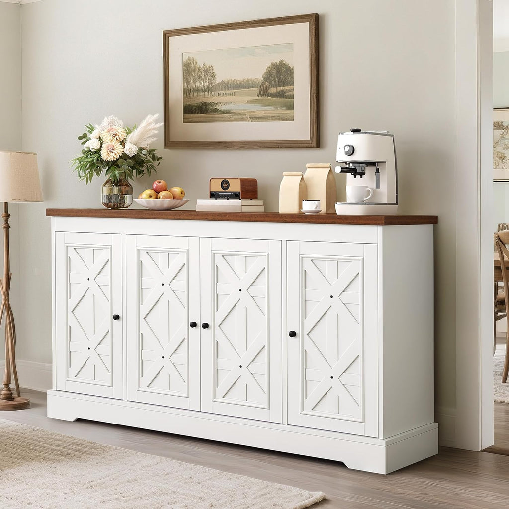 YITAHOME Sideboard Buffet Cabinet with Storage, 59" Buffet Storage with 4 Doors, Modern Farmhouse Coffee Bar Station Wood Kitchen Table with Adjustable Shelves for Kitchen, Living Room (White)
