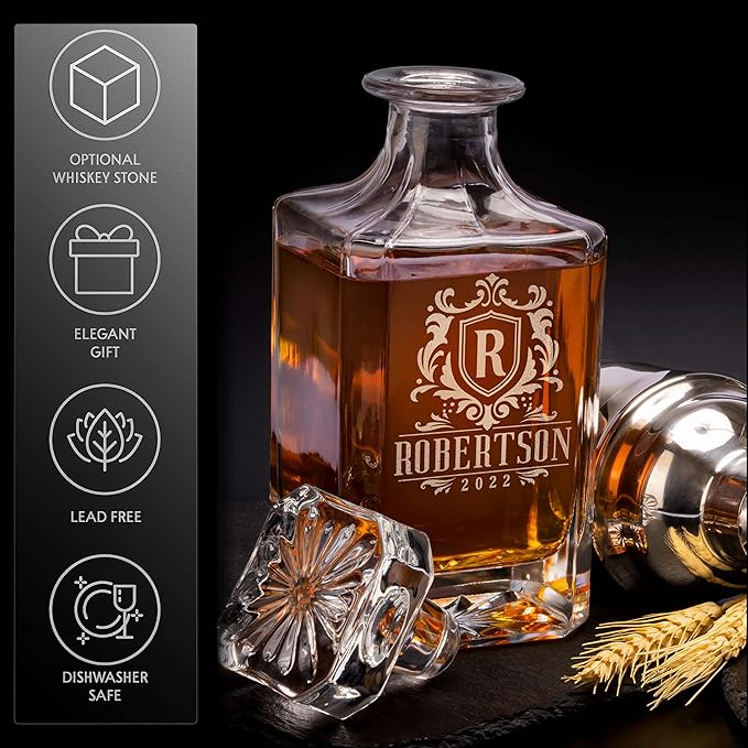 Personalized Whiskey Decanter Set - 5 Design Options - Custom Liquor 25 oz, 750ml Liquor Decanter w/Whiskey Glass Set Options, Birthday & Retirement Gifts for Men