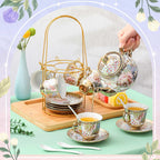 Zhehao 20 Pcs Porcelain Tea Set with Metal Holder and Spoon Adult Ceramic Tea Party Set European Flower Painting Teapot Cup Saucer Spoon Set for Women, Large Version(Rustic Style)