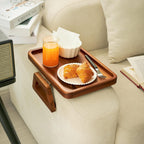 Tinamo Acacia Couch Arm Table - Wooden Sofa Armrest Tray - Clip-on Tray for Wide Couch - Side Table for Eating & Drink (Acacia)