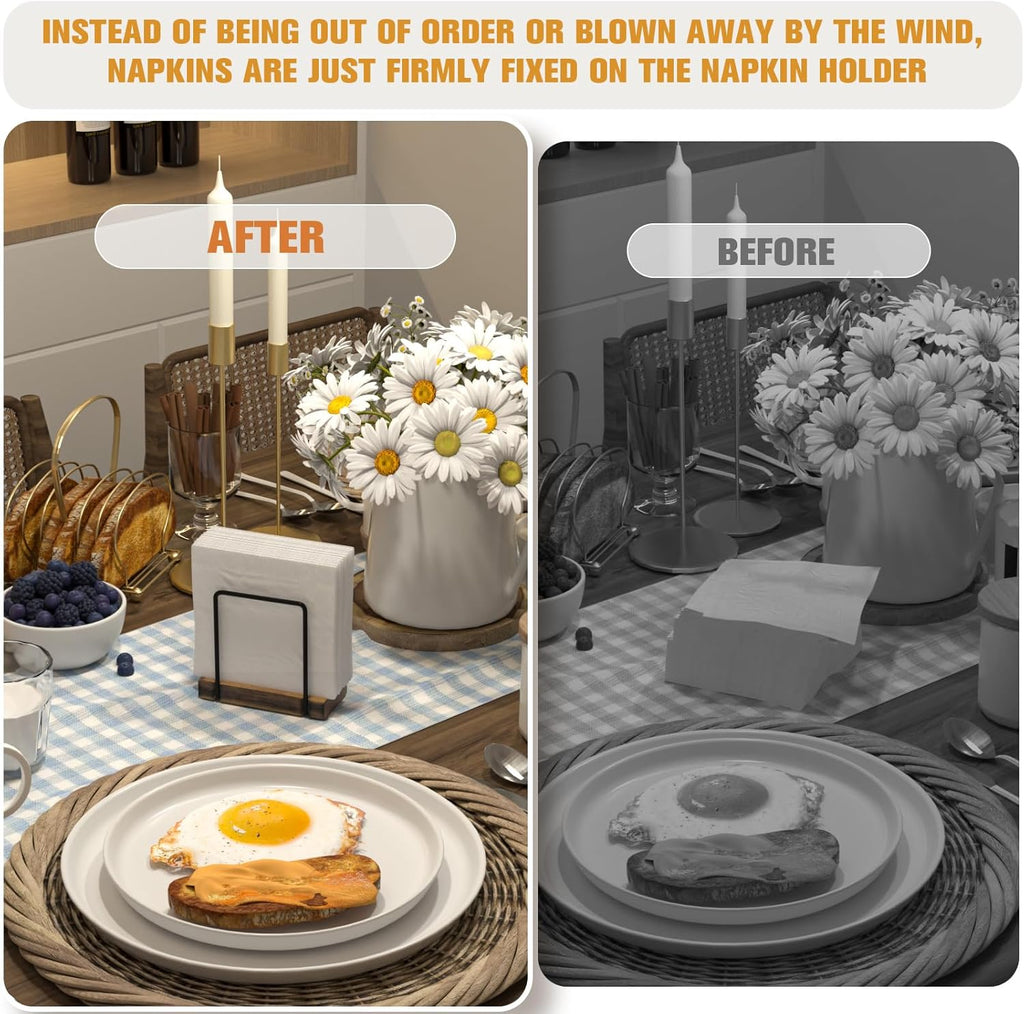 Napkin Holder for Table, Wood Iron Standing Napkin Dispenser for Dining Table Farmhouse Cocktail Picnic Rustic Wooden Holders All Kitchen Dining Room Decor Black & Farmhouse Brown