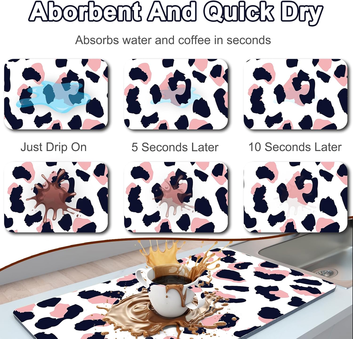 Dish Drying Mat 16" X 24", Super Absorbent & Cuttable Coffee Mats for Countertop, Kitchen Counter Mat Fits Under Coffee Maker or Machine, Hide Stain Drying Pad for Dish Drying Rack, Pink Leopard