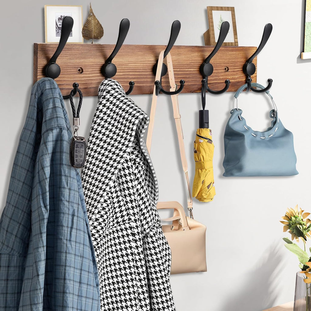 Coat Rack Wall Mount Wooden Hat Rack for Wall Hooks Pine Real Wood Plank 16.9" Brown Coat Hanger with 5 Triple Hooks for Hanging Coat Hat Jacket