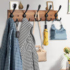 Coat Rack Wall Mount Wooden Hat Rack for Wall Hooks Pine Real Wood Plank 16.9" Brown Coat Hanger with 5 Triple Hooks for Hanging Coat Hat Jacket
