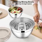 E-far Mixing Bowls with Lids Set, 21PCS Stainless Steel Mixing Salad Bowls with 3 Grater Attachments, Size 7, 4.6, 3.5, 2.6, 2, 1.5, 1QT, Nesting Design & Khaki Airtight Lid, For Baking/Prepping