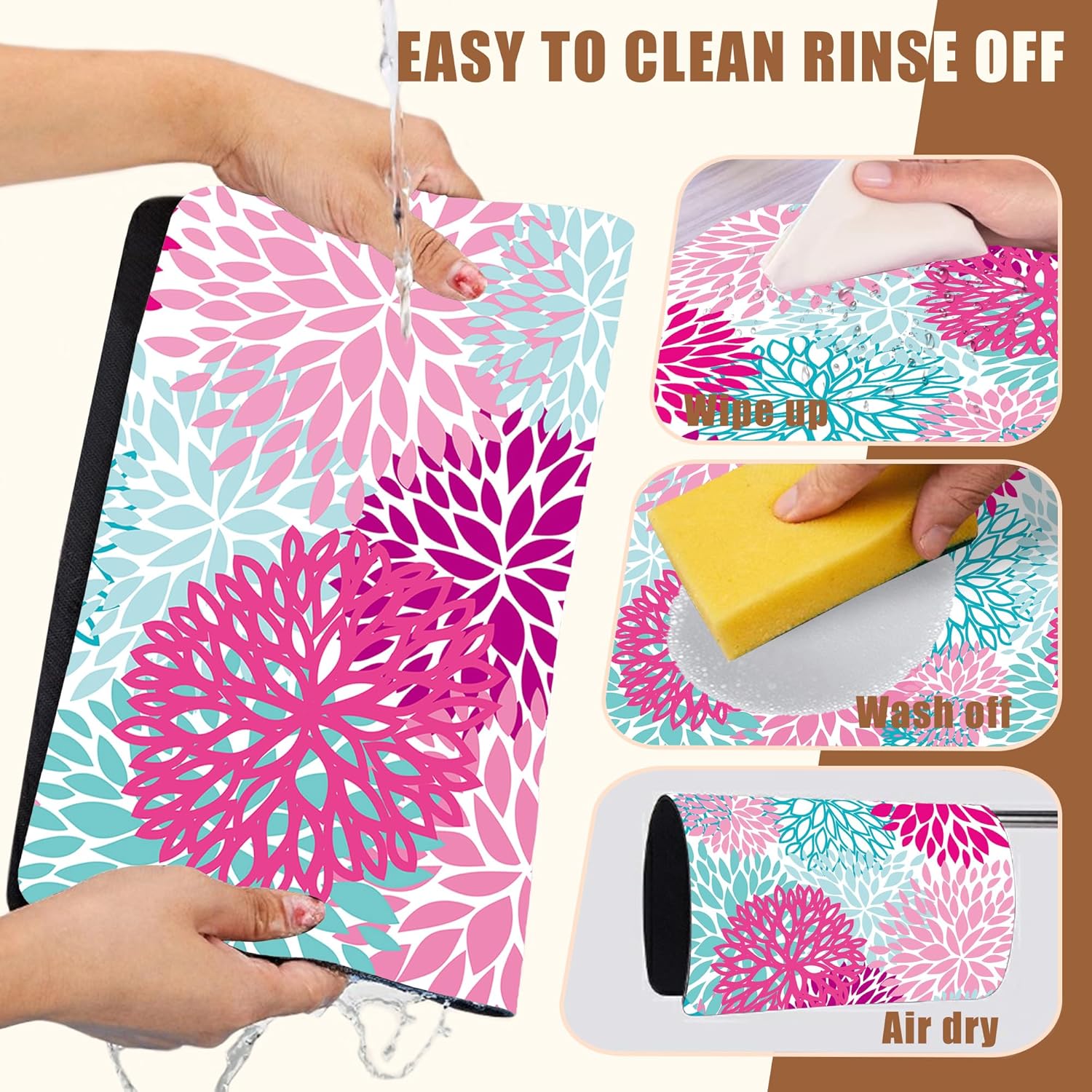 Pink Blue Chrysanthemum Flowers Dish Drying Mat for Kitchen Counter Coffee Bar Mat Hide Stain Absorbent Rubber Backed Drying Rack Pad Espresso Machine Coffee Bar Accessories 11.8 x 19.7 Inch