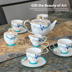 ACMLIFE Tea Cups and Saucers for 1, Bone China Teacup Set for Adults with Gold Trim and Gift Box, Blue and White Chinese English British Wedding Tea Set for One Coffee Cup Set 6.8 oz (Blue-Bamboo)