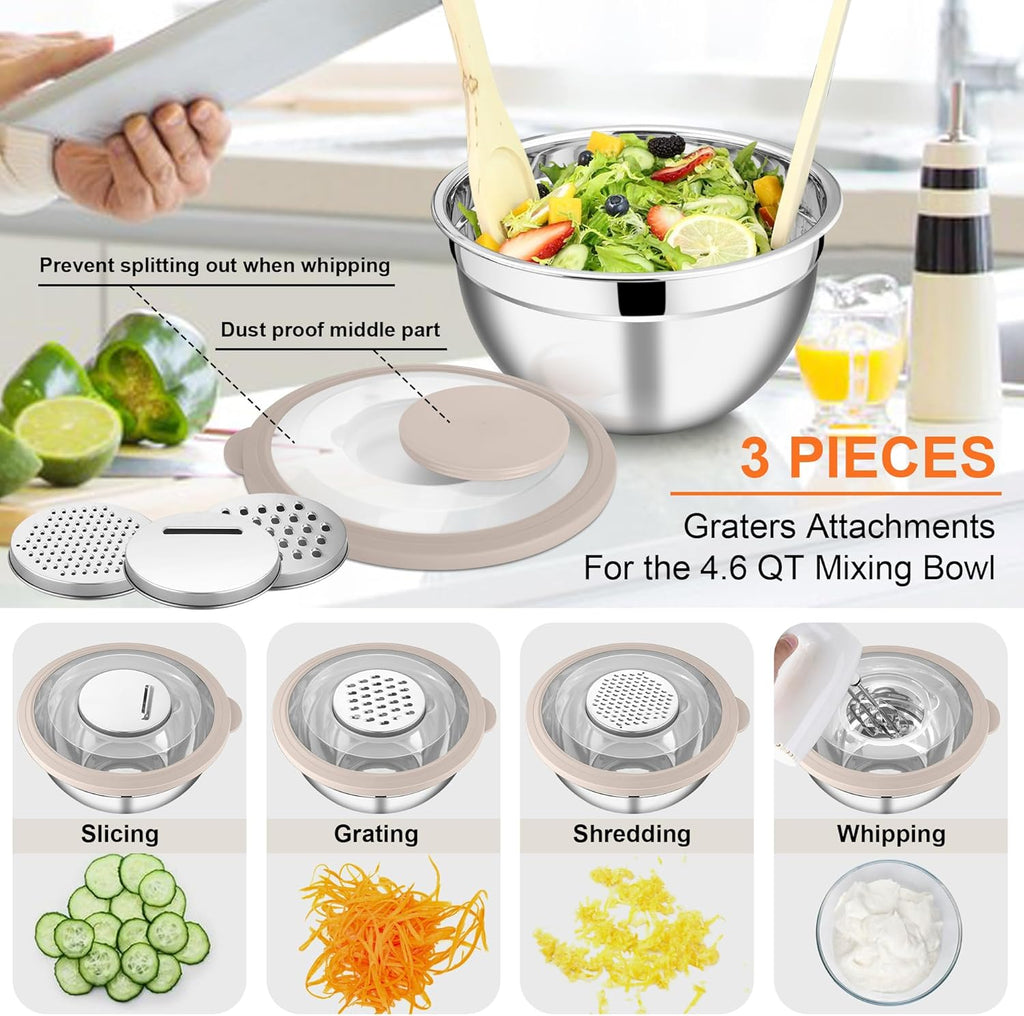 E-far Mixing Bowls Set of 5, Stainless Steel Salad Mixing Bowl with Transparent Lid, Metal Nesting Bowl Attach with 3 Graters for Kitchen Prepping/Serving/Baking/Storage, 4.6/2.6/1.5/1/0.7 QT - Khaki