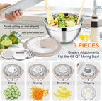 E-far Mixing Bowls Set of 5, Stainless Steel Salad Mixing Bowl with Transparent Lid, Metal Nesting Bowl Attach with 3 Graters for Kitchen Prepping/Serving/Baking/Storage, 4.6/2.6/1.5/1/0.7 QT - Khaki