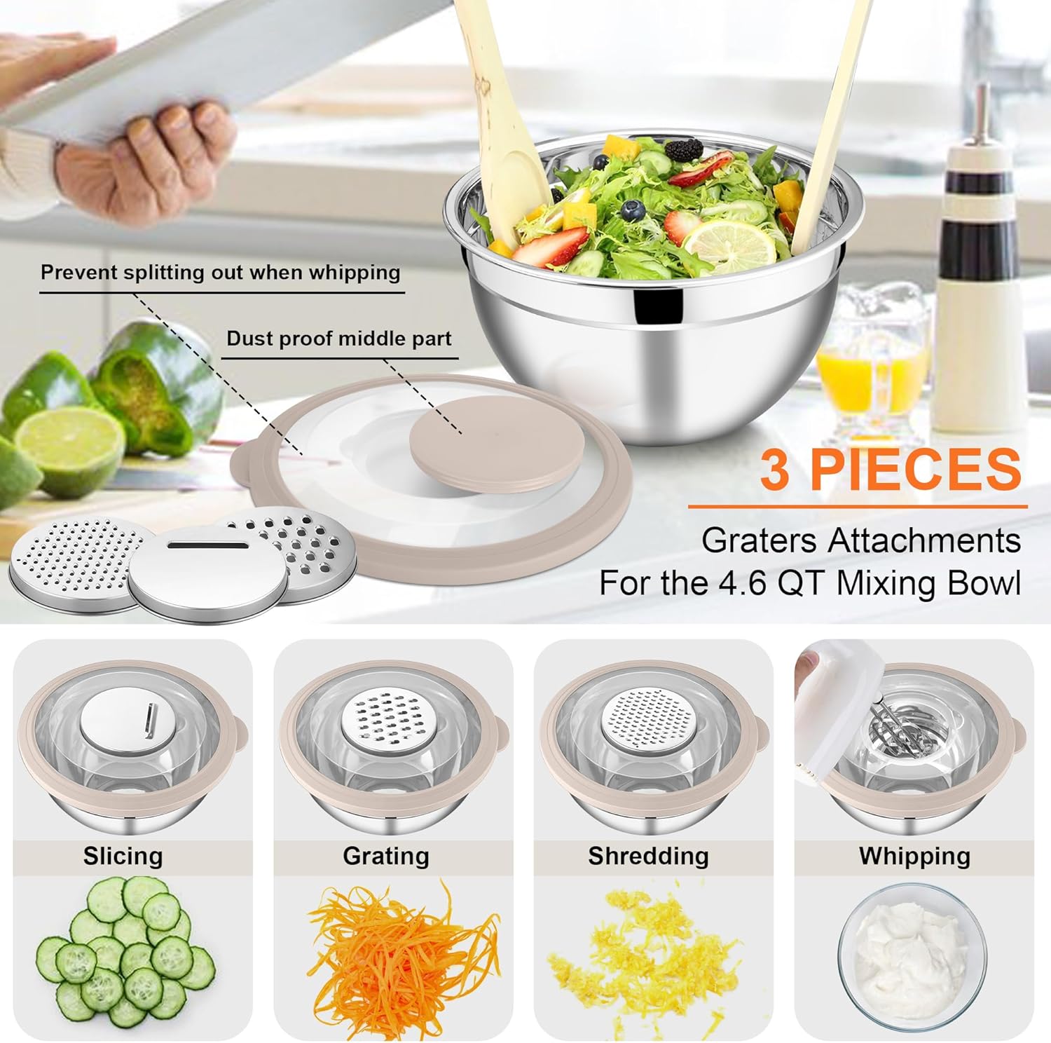 E-far Mixing Bowls Set of 5, Stainless Steel Salad Mixing Bowl with Transparent Lid, Metal Nesting Bowl Attach with 3 Graters for Kitchen Prepping/Serving/Baking/Storage, 4.6/2.6/1.5/1/0.7 QT - Khaki