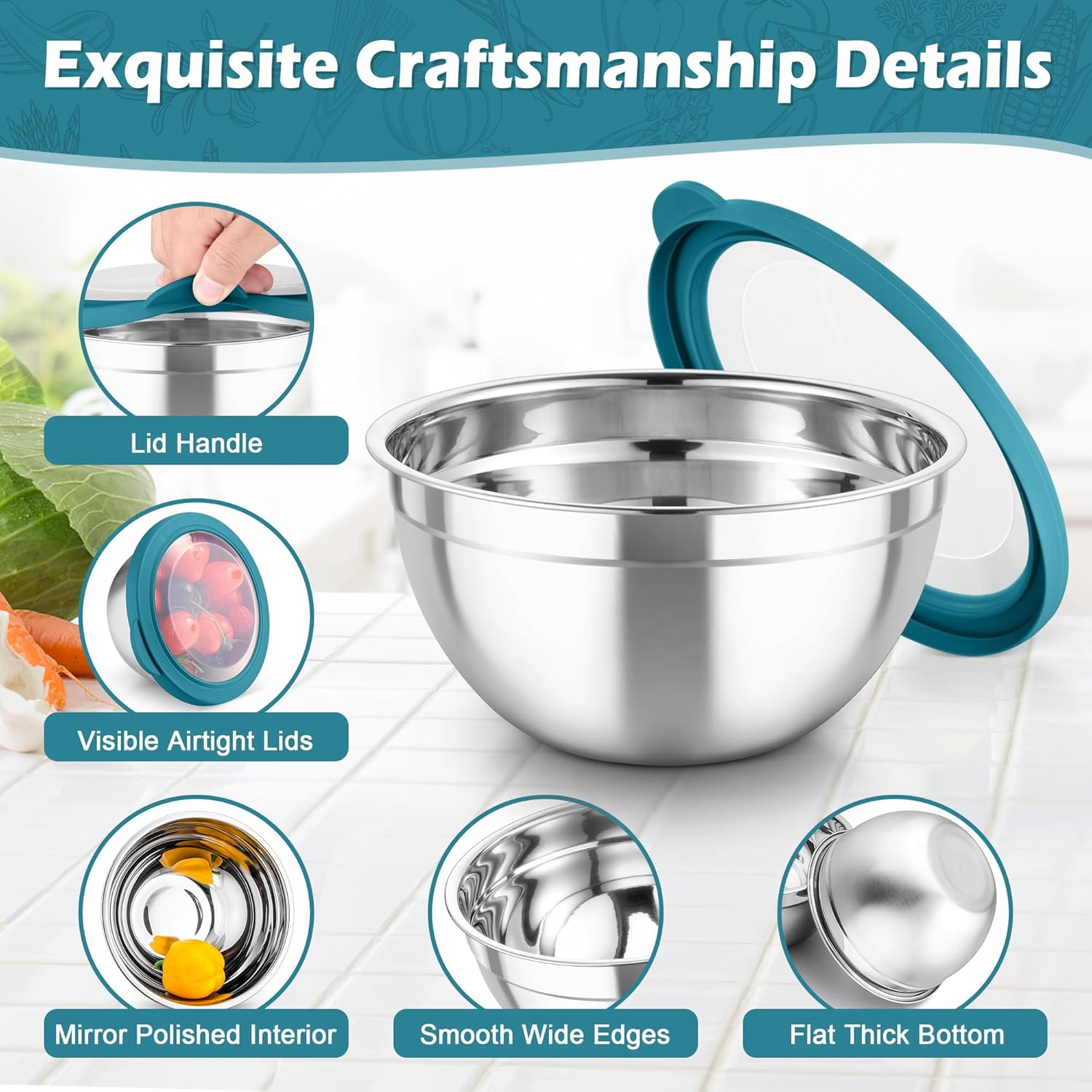 TeamFar Mixing Bowls, 3PCS Stainless Steel Serving Salad Bowls with Lids & 3 Graters, For Kitchen Mixing/Baking/Storing/Prepping, Visible & Airtight, Easy Clean - 4.5/3 / 1.5 QT, Dark Blue