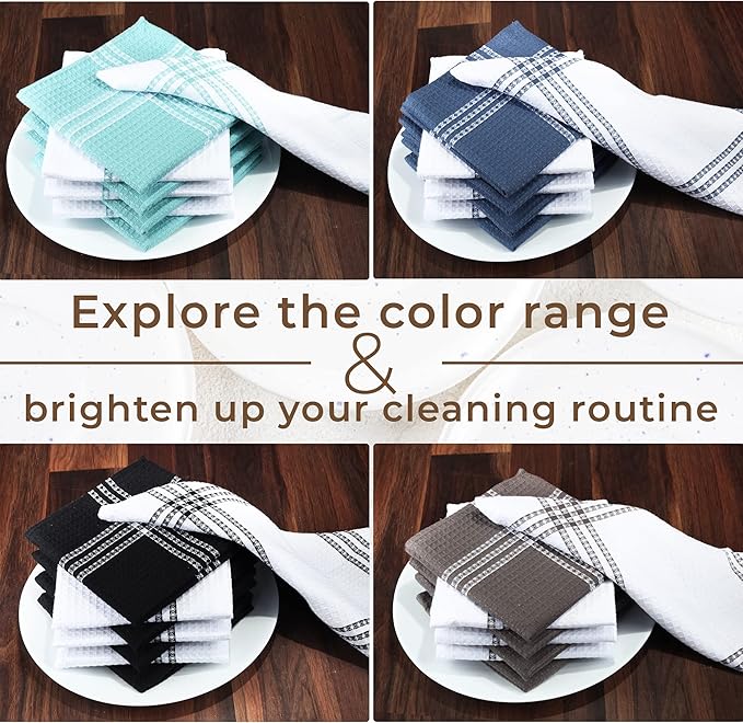 Urban Villa Cotton Dish Cloth Set of 8, Waffle Kitchen Cloth 12x12 Inch Highly Absorbent Soft Dish Cloths for Kitchen Cleaning & Drying Dishes Mitered Corner Dish Towels - Grey White, Checks