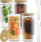 16OZ Ribbed Glass Cups with Lids and Straws,Iced Coffee Cups with Bamboo Lid,Vintage Glassware for Whiskey Cocktail Beer Fruit Juice Glasses Tumbler(4 Pack)