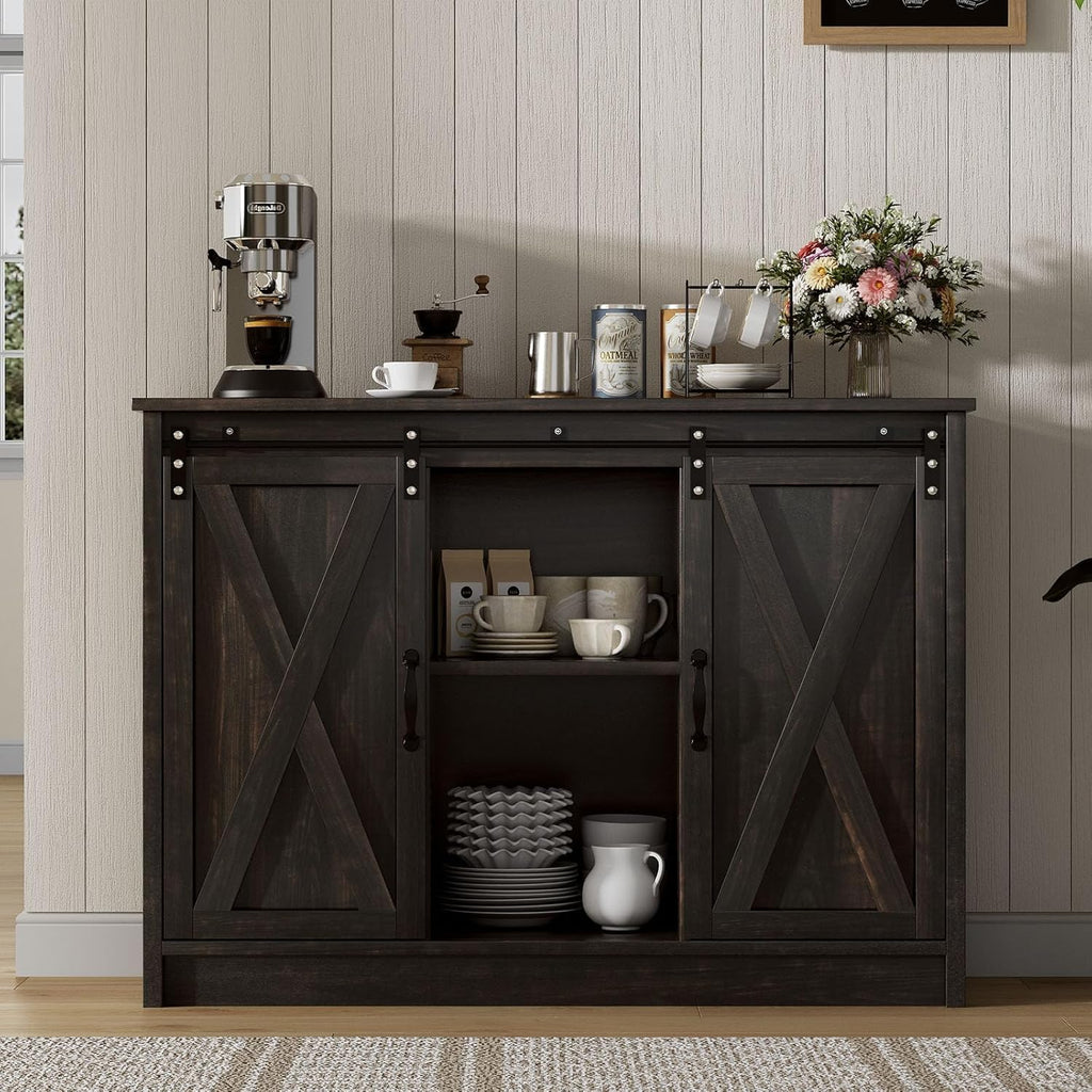 4 EVER WINNER Coffee Bar Cabinet with Sliding Barn Doors, 42” Sideboard Buffet Cabinet with Storage, Farmhouse Coffee Bar Station Table Liquor Wine Bar with Shelves for Kitchen, Espresso