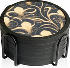 Absorbent Coasters for Drinks with Holder - 6packs, Silicone Coaster with Soft Felt Insert (4.3 inch Coasters with 4.5 inch Holder, Dual-Sided Flower -Themed Patterns)