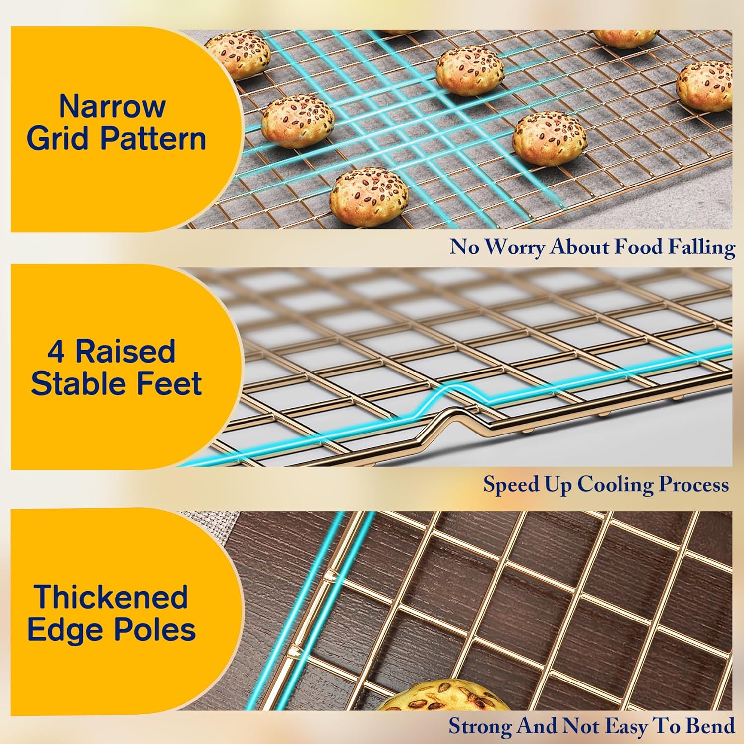 2-Pack Cooling Racks for Cooking and Baking - 10" x 15"Heavy Duty Stainless Steel Wire Rack for Baking, Grilling, Roasting - Oven & Dishwasher Safe - Fits Jelly Roll Sheet Pan（Gold）