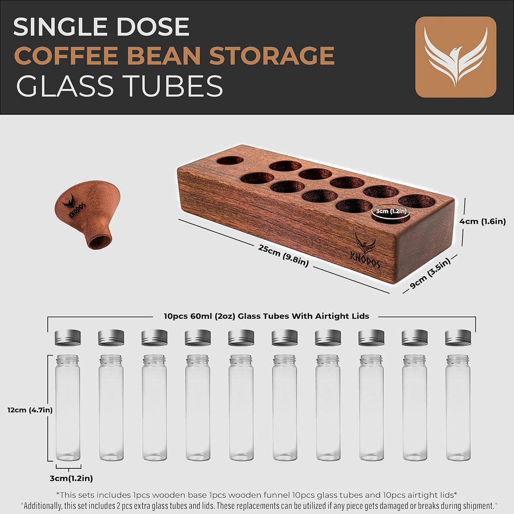 Single Dose Coffee Bean Storage Tubes Coffee Bean Cellar 10 Pcs Dosing Glass Vials With Lids (2 Oz) Wooden Display Stand And Funnel