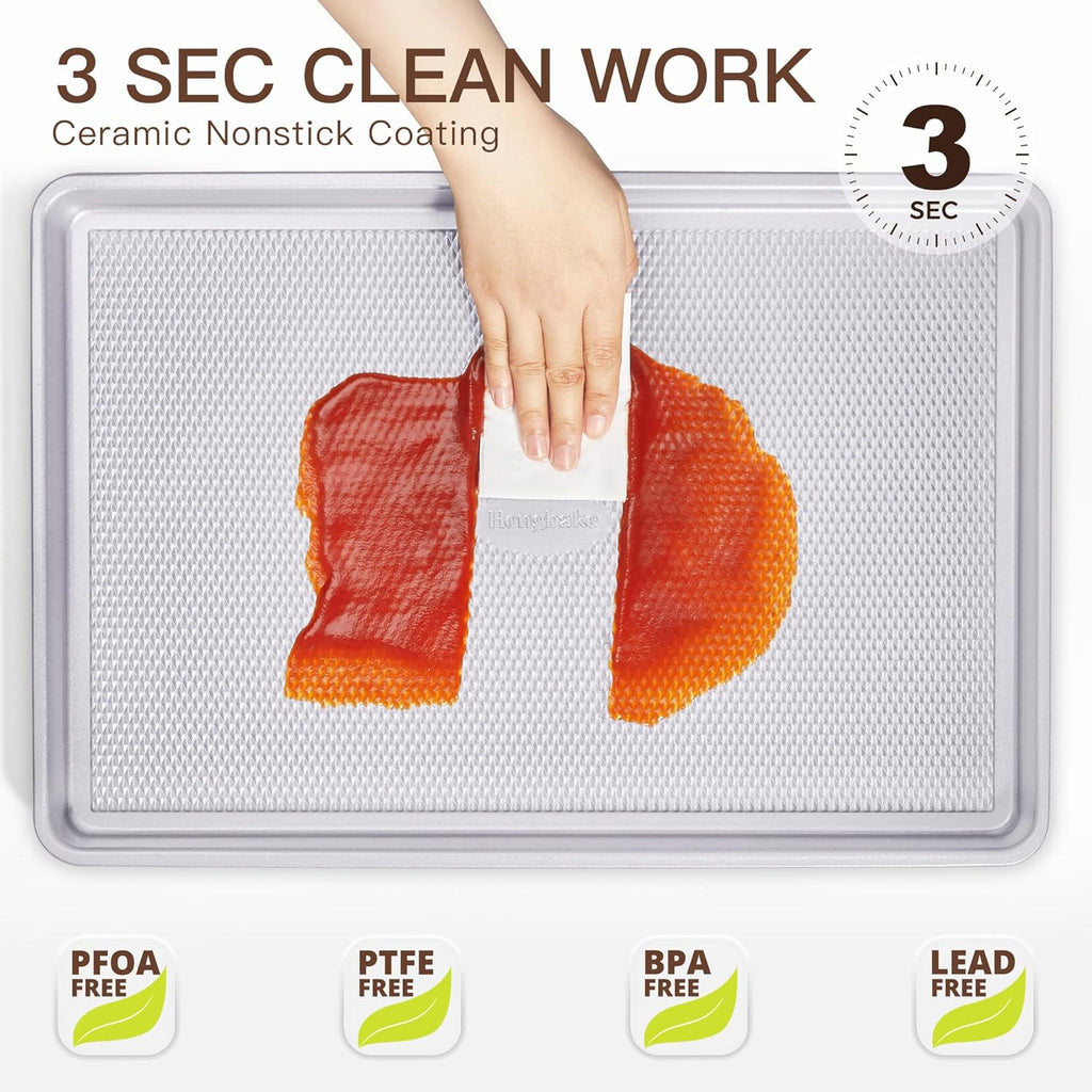 HONGBAKE 3 Pack Nonstick Ceramic Baking Sheet Pan Set for Oven, Non-Toxic Half/Quarter/Jelly Roll Pans with Diamond Texture, Heavy Duty 0.8mm Aluminized Steel Cookie Trays for Cooking, Light Grey