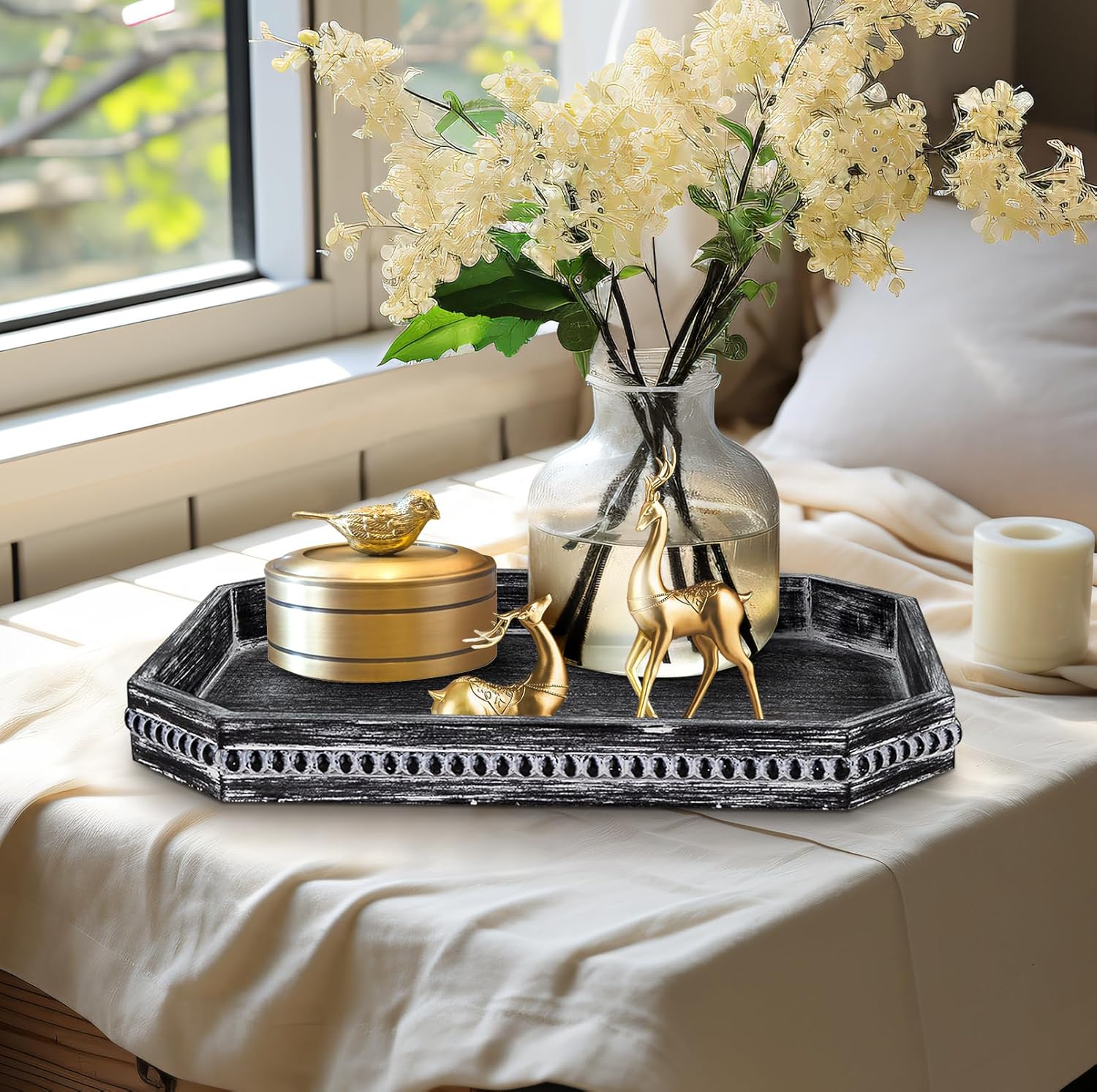 MAONAME Wood Serving Tray, Farmhouse Wooden Tray for Coffee Table, Octagonal Beaded Trays, Vintage Black Decorative Trays for Living Room, Kitchen, 15.7" X 10.2" X 1.6"