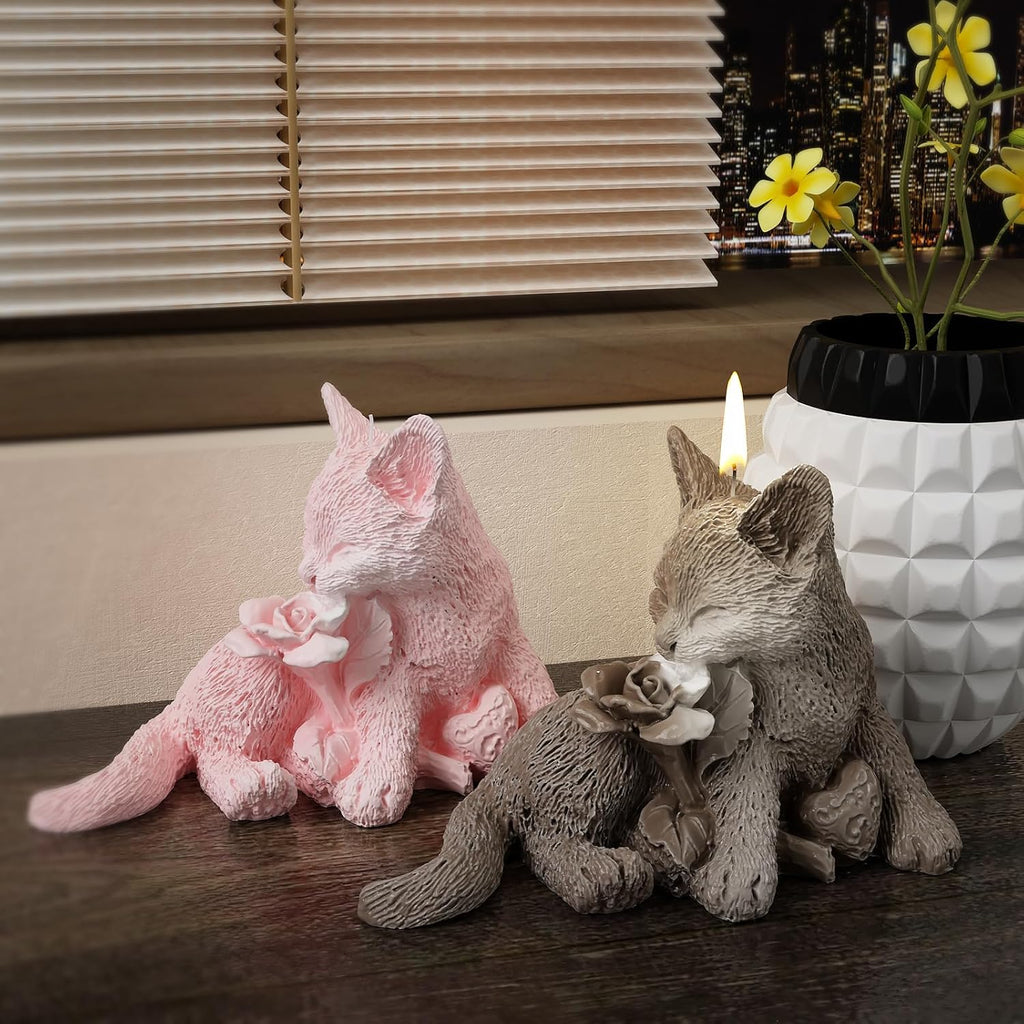 Rose Cat Candle Animal Resin Casting Soap Making Molds Silicone for Home Decorate 3D Clay Mold