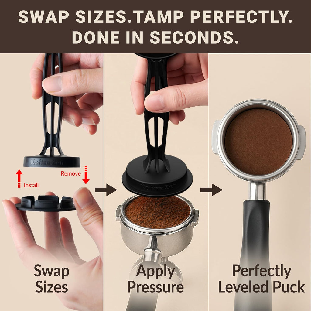 Koffee Zen Espresso Tamper Set, 5 Interchangeable Sizes (49–58mm), Dual Coffee Scoop (1 & 2 TBSP), Fits Breville, Delonghi & More
