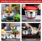 LIANYU Mixing Bowls Set of 6 with Airtight Lids, Size 7, 3.5, 2.5, 2, 1.5, 1QT Large Metal Stainless Steel Nesting Bowls for Cooking, Baking, Food Storage, Non-slip Bottom, Red