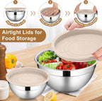 LIANYU Mixing Bowls with Airtight Lids Set, 6 Piece Stainless Steel Metal Kitchen Nesting Bowl, Size 7, 3.5, 2.5, 2, 1.5, 1QT for Prepping, Baking & Food Storage, Dishwasher & Freezer Safe, Khaki