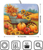 Thanksgiving Autumn Harvest Pumpkin Dish Drying Mat for Kitchen Counter,Sunflowers and Cart Drying Mat 16 x 18 Inch Microfiber Dish Drying Pad Ear of Rice Dish Rack Drainer Mat for Coffee Bar
