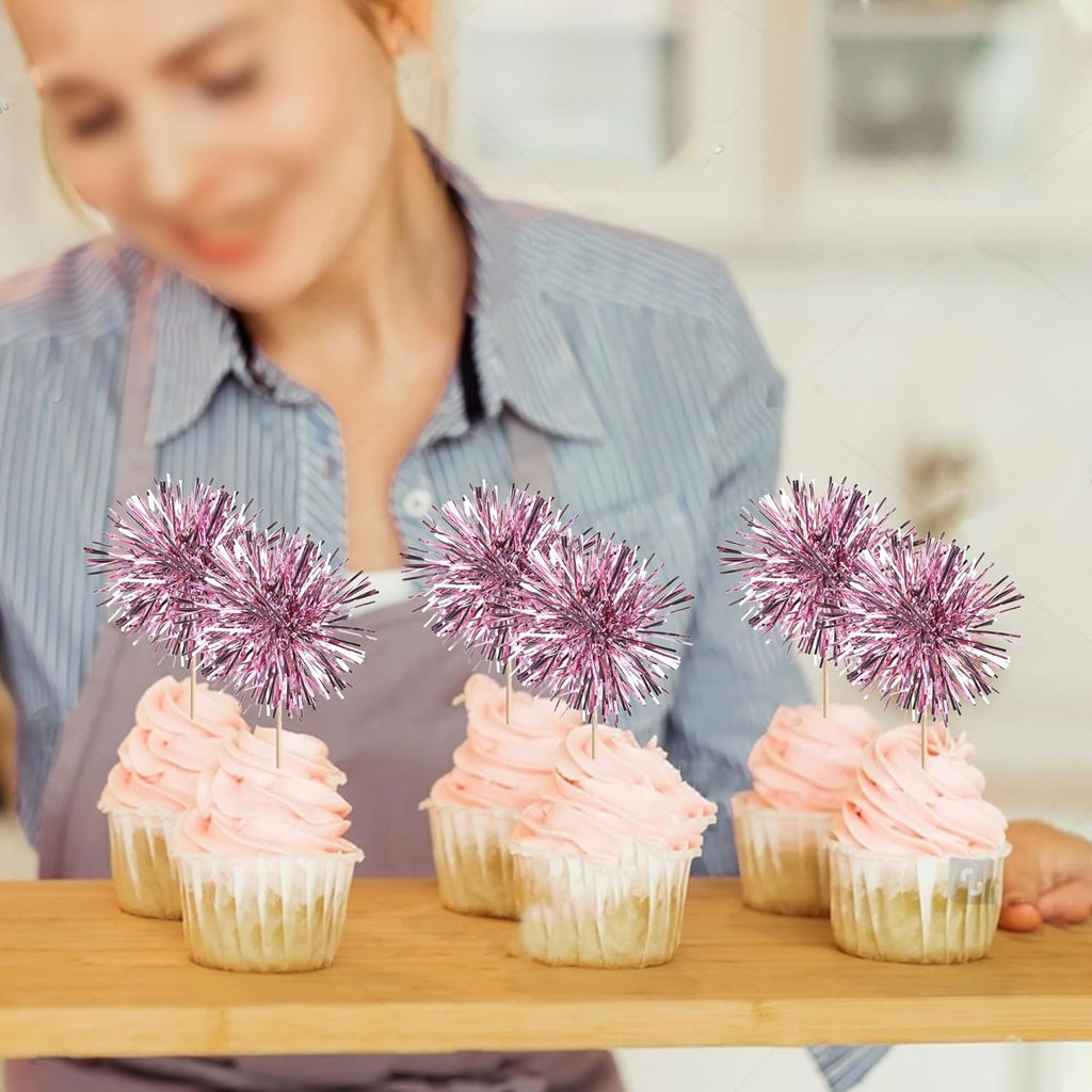 40 PCS Foil Firework Cupcake Toppers Sparkle Tinsel Cupcakae Picks Sparkler Fireworks Party Decorations Cocktail Fruit Toothpick for Birthday Wedding Graduation Party Decorations Supplies Pink