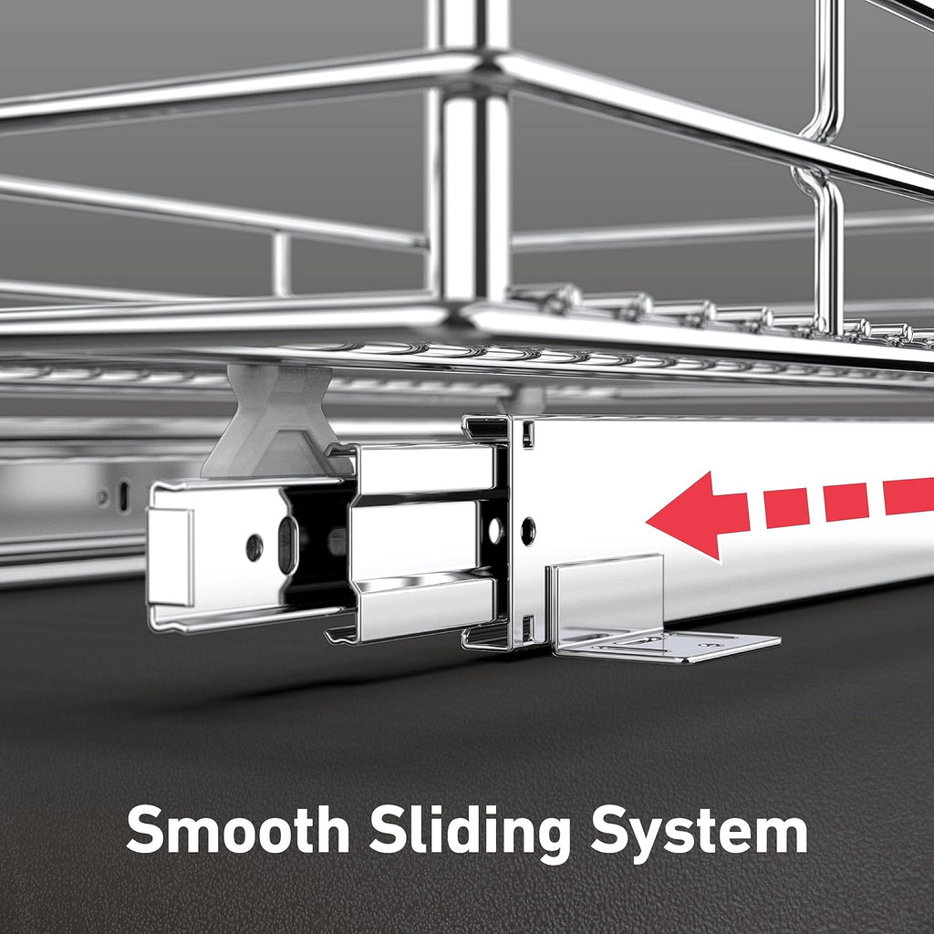 Pull Out Cabinet Organizer(14" W x 21" D), 2 Tier Slide Out Shelves with Wood Handle, Sliding Drawer Pull Storage Shelf for 15-1/4” Cabinet Opening, Chrome