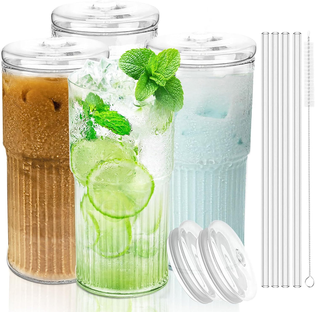 Glass Cups with Lids and Glass Straws, High Borosilicate 20OZ Tumblers (4Pcs) for Coffee, Tea, Juice, Smoothies, Hot/Cold Drinks at Home, Office