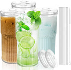 Glass Cups with Lids and Glass Straws, High Borosilicate 20OZ Tumblers (4Pcs) for Coffee, Tea, Juice, Smoothies, Hot/Cold Drinks at Home, Office