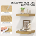 Square Floating Shelves for Wall, 8" W x 8" D x 1.2" H, Small Wooden Wall Mounted Display Shelves with Invisible Brackets for Living Room, Bedroom, Bathroom, Kitchen Decor, Set of 4, Oak