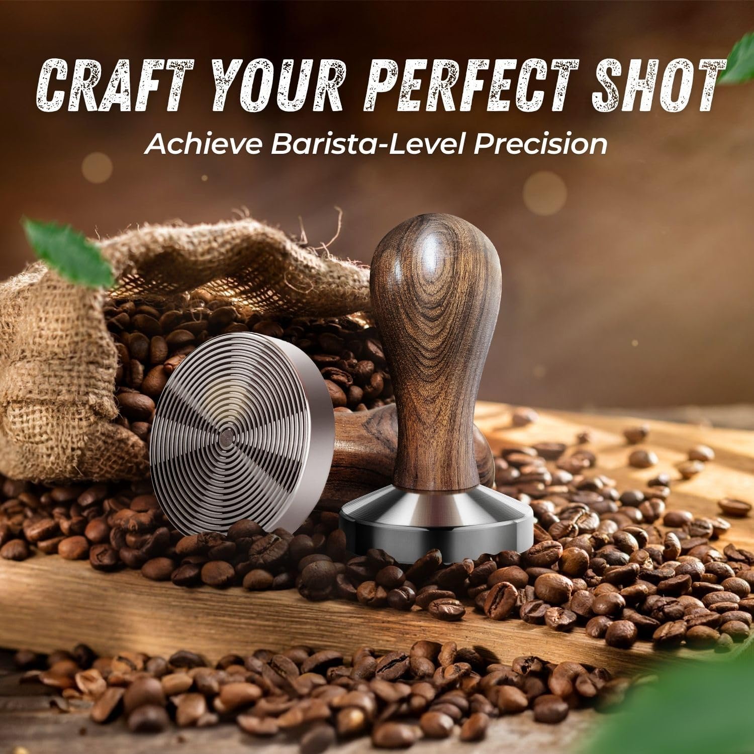 Flexzion Coffee Tamper 58mm Espresso Tamper Tool, Stainless Steel Barista-Quality Hand Press Espresso Maker with Ergonomic Wooden Handle